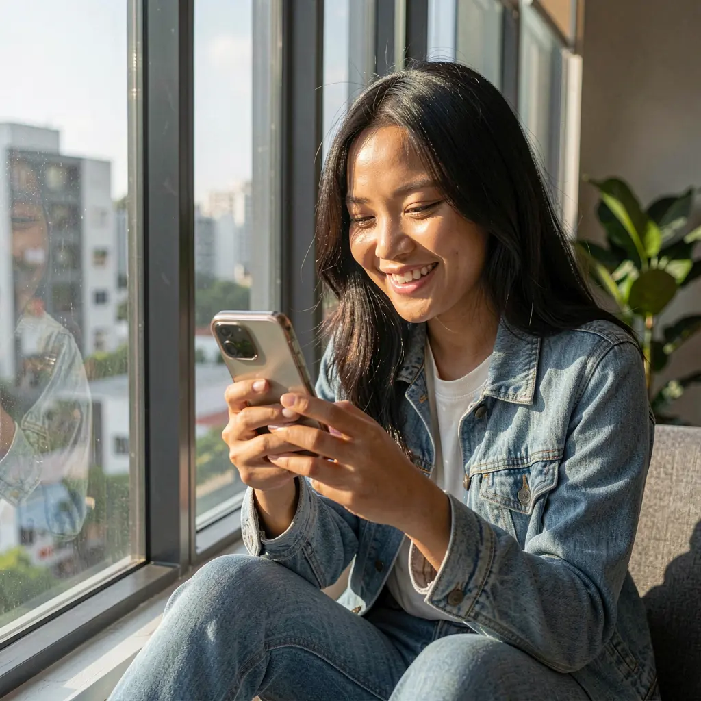 93PH App – Enjoy a smooth and engaging mobile casino experience in the Philippines Filipino woman relaxing by a window while using the 93PH casino app on her phone with a bright and happy expression