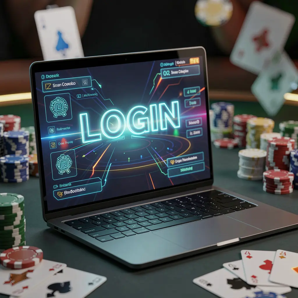 Modern laptop with a glowing login interface surrounded by blurred casino chips and cards representing secure and seamless access to 93PH for players in the Philippines