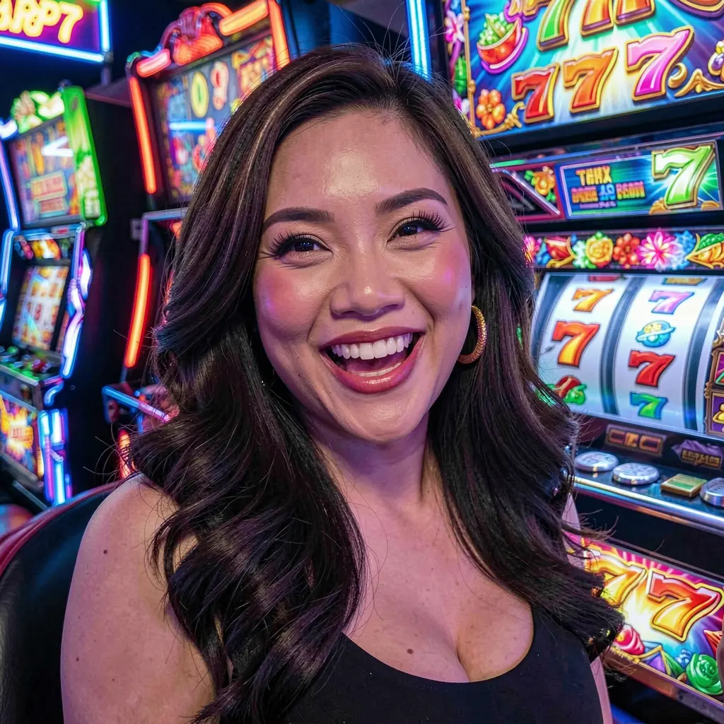 Excited casino player smiling with bright slot machine lights behind her showcasing the vibrant online casino atmosphere of 93PH for players in the Philippines